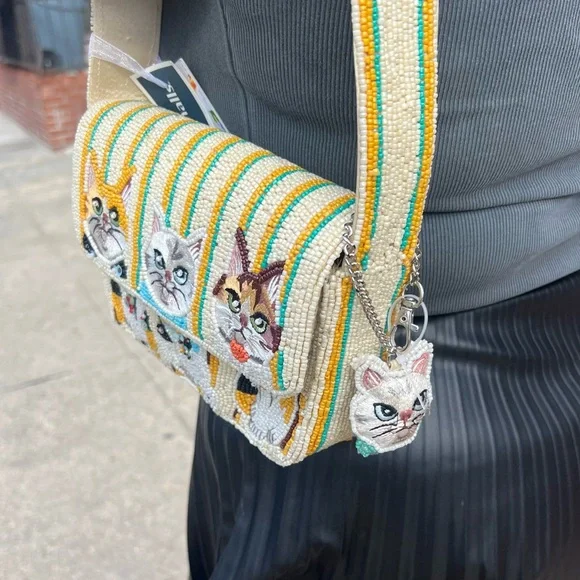 TJMAXX MARSHALLS VIRAL Cat Theme Striped Charm Beaded Shoulder Bag Purse Collect - Picture 6 of 16